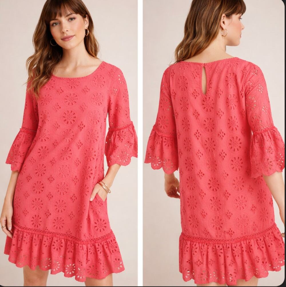 Anthropologie Dani Eyelet Lace Pink Shift Dress Pockets Ruffle Hem Boho 8